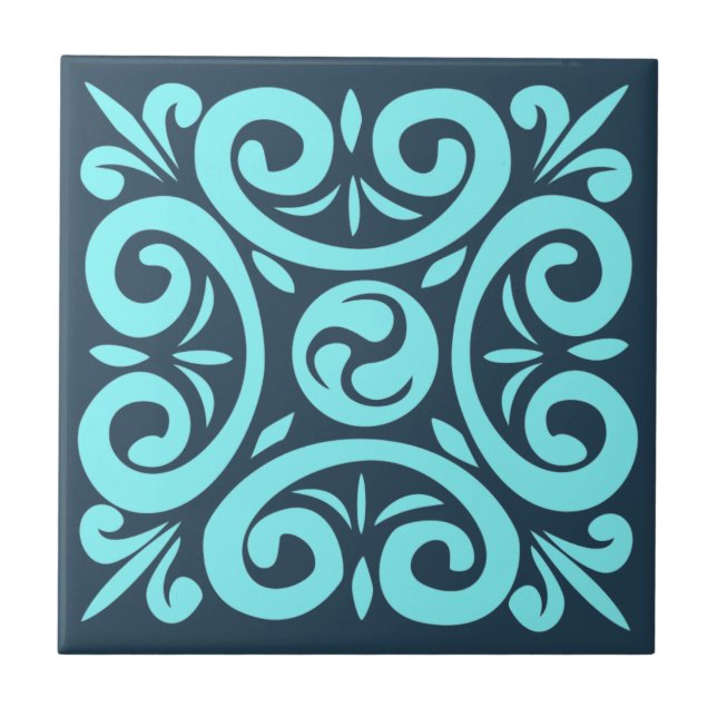Aqua and Black on Blue Intricate Floral pattern Ceramic Tile (Front)