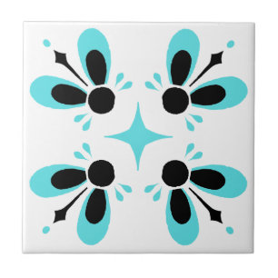 Aqua and Black on White Intricate Floral pattern Ceramic Tile