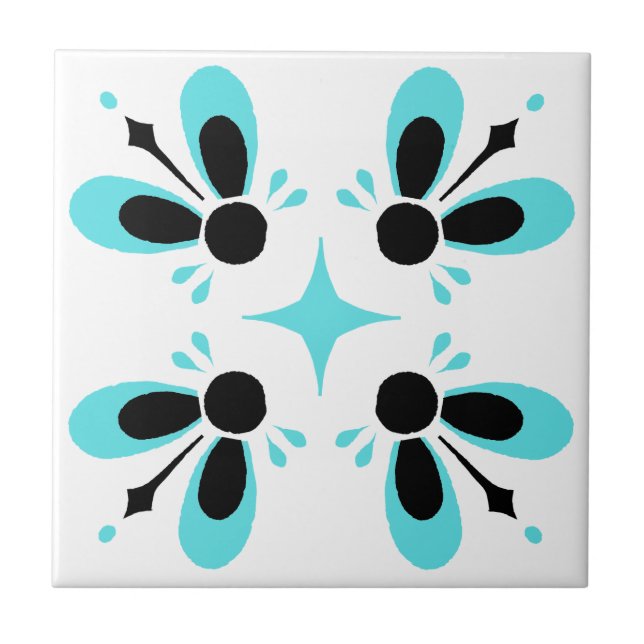 Aqua and Black on White Intricate Floral pattern Ceramic Tile (Front)
