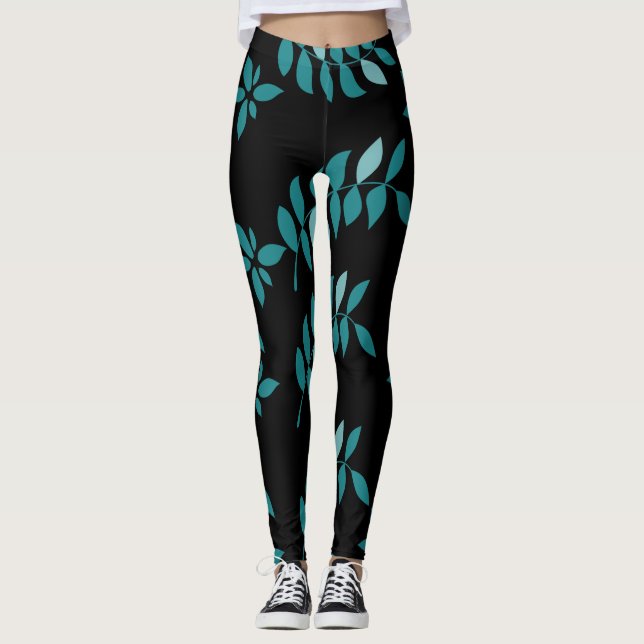 Aqua and Black Tropical jungle Throw Pillow Leggings (Front)