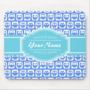 Aqua and Blue Owl Grey Personalised Name Mouse Pad