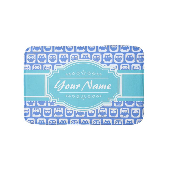 Aqua and Blue Owl Personalised Name Bath Mat (Front)