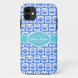 Aqua and Blue Owl Personalised Name iPhone 11 Case