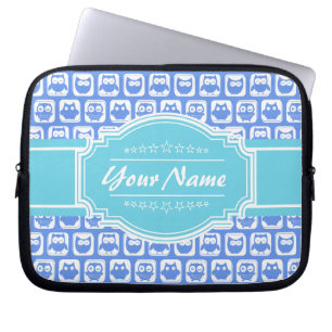 Aqua and Blue Owl Personalised Name Laptop Sleeve