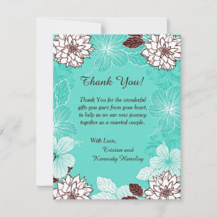 Aqua and Brown Flowers 4x5 Flat Thank You Card
