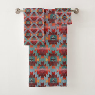 Aqua and Burgundy Southwestern Style Bath Towel Set