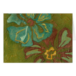 Aqua and Burnt Orange Flowers on Green Background
