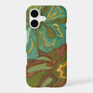 Aqua and Burnt Orange Flowers on Green Background