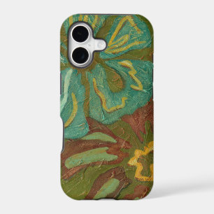 Aqua and Burnt Orange Flowers on Green Background
