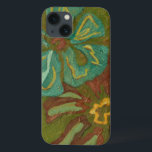 Aqua and Burnt Orange Flowers on Green Background iPhone 13 Case<br><div class="desc">Heavy paint strokes punctuate this piece by Chariklia Zarris. Aqua and burnt orange flowers loom large on a lime green background. A great piece to help you start your art collection!</div>