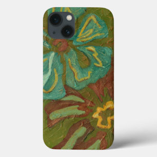 Aqua and Burnt Orange Flowers on Green Background iPhone 13 Case