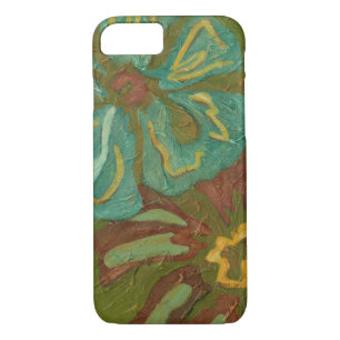 Aqua and Burnt Orange Flowers on Green Background iPhone 8/7 Case
