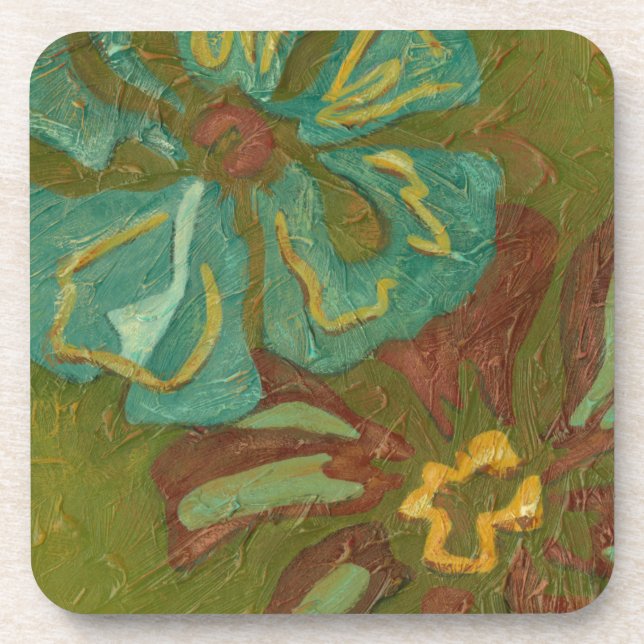 Aqua and Burnt Orange Flowers on Green Background Coaster (Front)