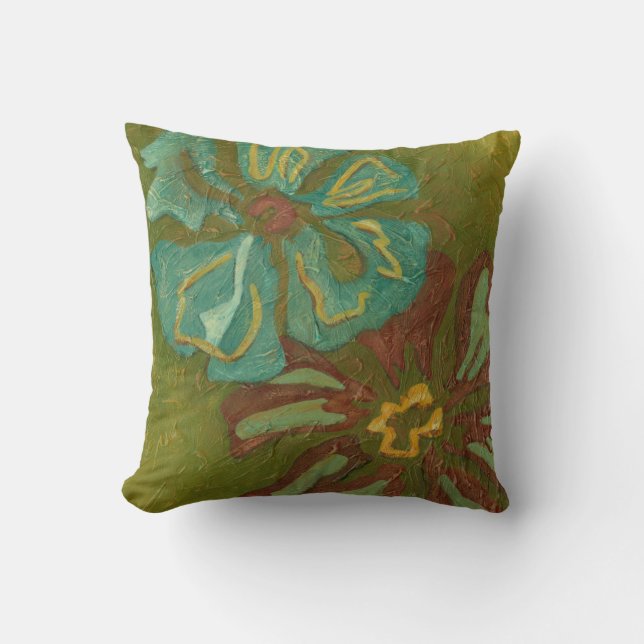 Aqua and Burnt Orange Flowers on Green Background Cushion (Front)
