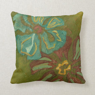 Aqua and Burnt Orange Flowers on Green Background Cushion