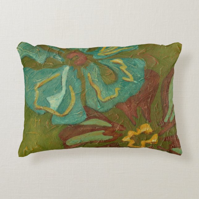 Aqua and Burnt Orange Flowers on Green Background Decorative Cushion (Front)