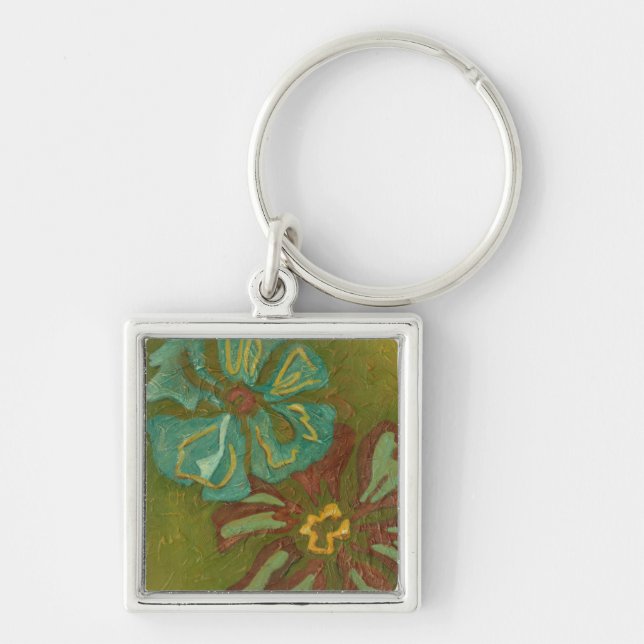 Aqua and Burnt Orange Flowers on Green Background Key Ring (Front)