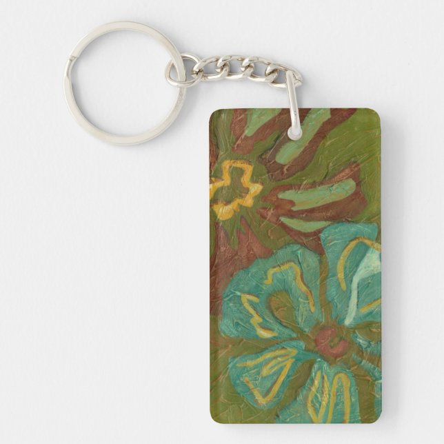 Aqua and Burnt Orange Flowers on Green Background Key Ring (Front)