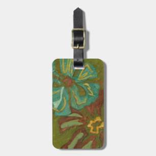 Aqua and Burnt Orange Flowers on Green Background Luggage Tag