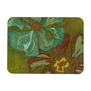Aqua and Burnt Orange Flowers on Green Background Magnet