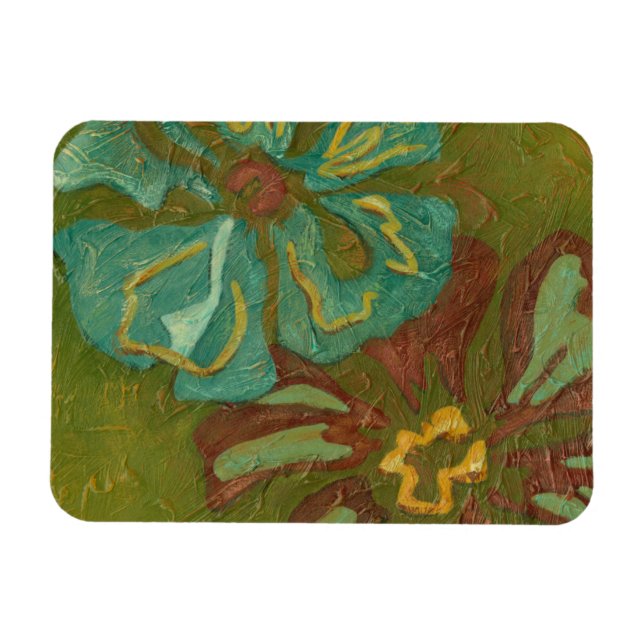 Aqua and Burnt Orange Flowers on Green Background Magnet (Horizontal)