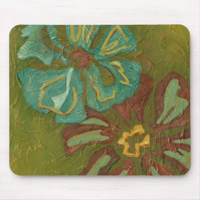 Aqua and Burnt Orange Flowers on Green Background Mouse Pad (Front)