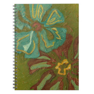 Aqua and Burnt Orange Flowers on Green Background Notebook