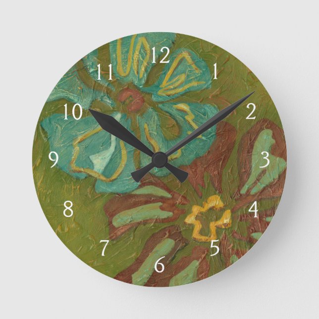 Aqua and Burnt Orange Flowers on Green Background Round Clock (Front)