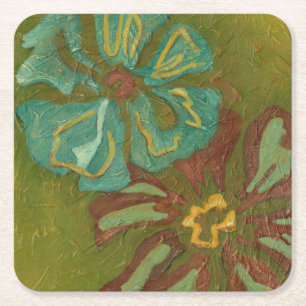 Aqua and Burnt Orange Flowers on Green Background Square Paper Coaster