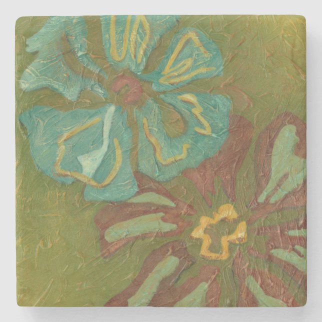 Aqua and Burnt Orange Flowers on Green Background Stone Coaster (Front)