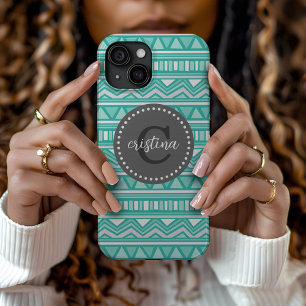 Aqua and Charcoal Aztec Chevron Custom Monogram iPhone 15 Case