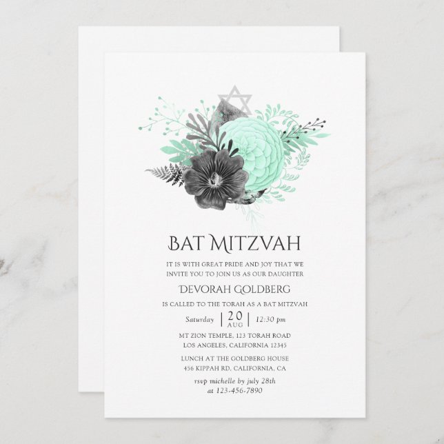 Aqua and Charcoal Floral Rustic Bat Mitzvah Invitation (Front/Back)