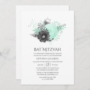Aqua and Charcoal Floral Rustic Bat Mitzvah Invitation