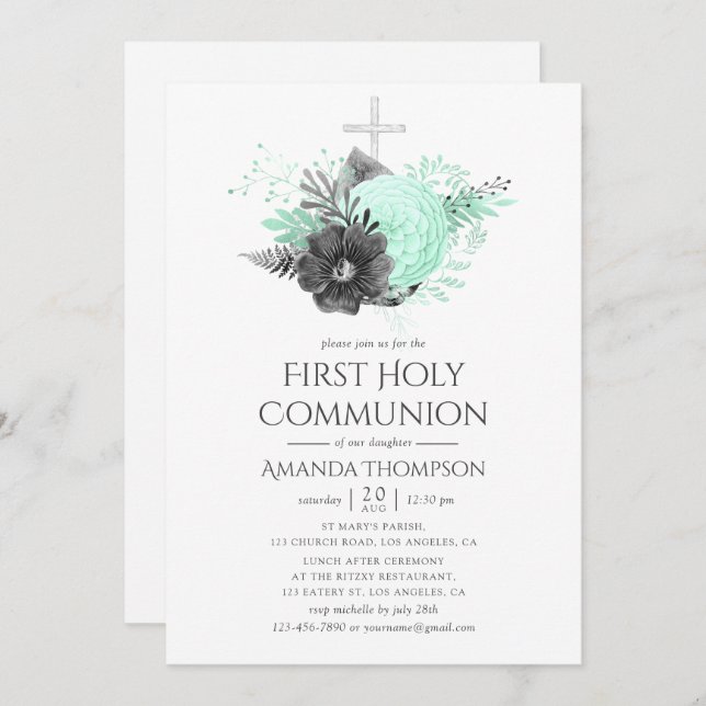 Aqua and Charcoal Floral Rustic Holy Communion Invitation (Front/Back)