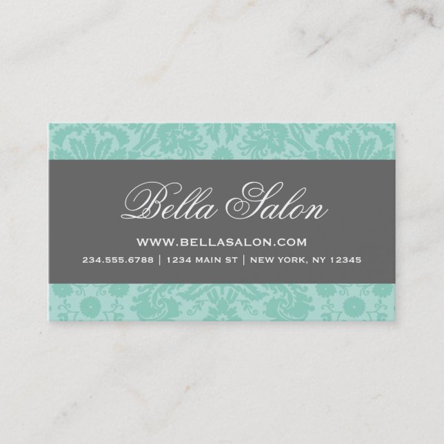 Aqua and Charcoal Grey Elegant Vintage Damask Business Card (Front)