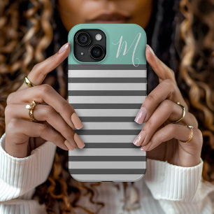 Aqua and Charcoal Preppy Stripes Custom Monogram iPhone 15 Case