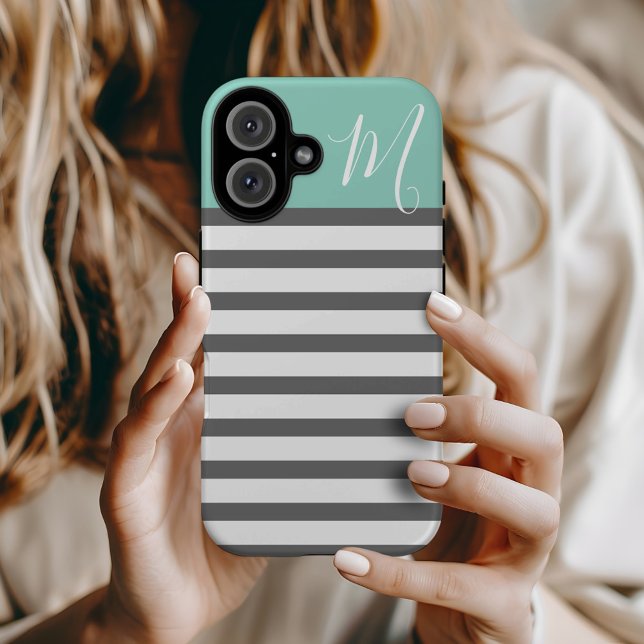 Aqua and Charcoal Preppy Stripes Custom Monogram Case-Mate iPhone Case (Creator Uploaded)