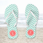 Aqua and Coral Chevron Monogram Thongs<br><div class="desc">Custom printed flip flop sandals with a stylish modern chevron pattern and your custom monogram or other text in a circle frame. Click Customise It to change text fonts and colours or add your own images to create a unique one of a kind design!</div>