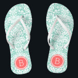 Aqua and Coral Floral Damask Monogram Thongs<br><div class="desc">Custom printed flip flop sandals with a stylish elegant floral damask pattern and your custom monogram or other text in a circle frame. Click Customise It to change text fonts and colours or add your own images to create a unique one of a kind design!</div>