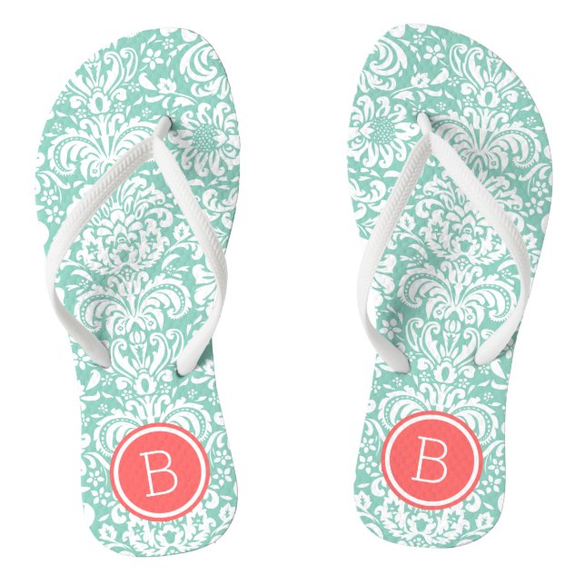 Aqua and Coral Floral Damask Monogram Thongs (Footbed)