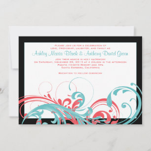 Aqua and Coral Floral Wedding Invitation