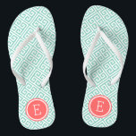 Aqua and Coral Greek Key Monogram Thongs<br><div class="desc">Custom printed flip flop sandals with a stylish modern Greek key pattern and your custom monogram or other text in a circle frame. Click Customise It to change text fonts and colours or add your own images to create a unique one of a kind design!</div>