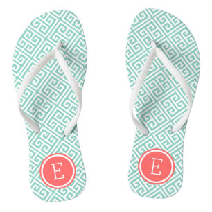 Aqua and Coral Greek Key Monogram Thongs
