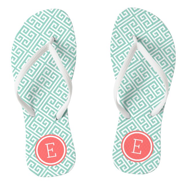 Aqua and Coral Greek Key Monogram Thongs (Footbed)