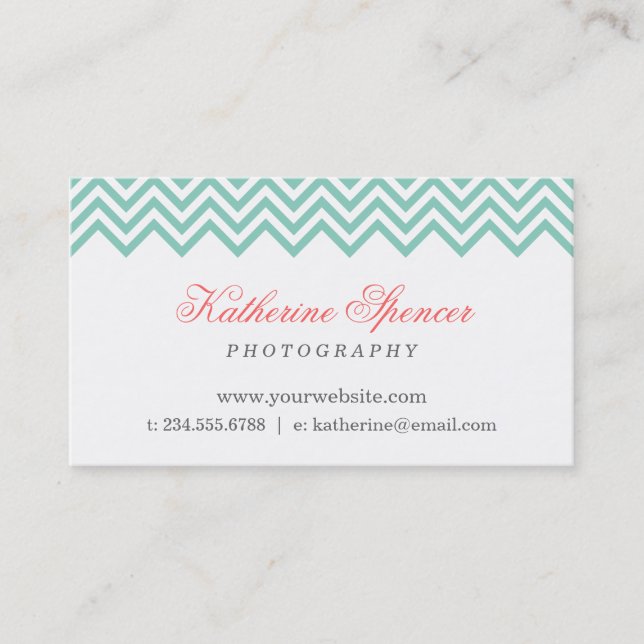 Aqua and Coral Modern Chevron and Polka Dots Business Card (Front)