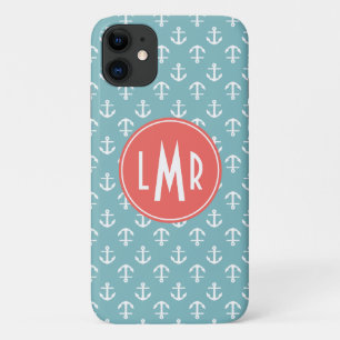 Aqua and Coral Monogram Anchors Pattern iPhone 11 Case