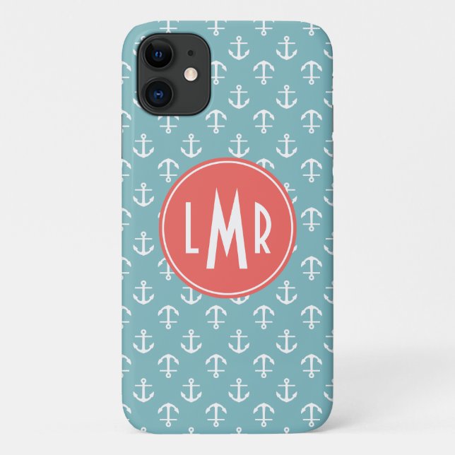Aqua and Coral Monogram Anchors Pattern Case-Mate iPhone Case (Back)