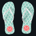 Aqua and Coral Moroccan Quatrefoil Monogram Thongs<br><div class="desc">Custom printed flip flop sandals with a stylish Moroccan quatrefoil pattern and your custom monogram or other text in a circle frame. Click Customise It to change text fonts and colours or add your own images to create a unique one of a kind design!</div>