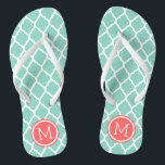 Aqua and Coral Moroccan Quatrefoil Monogram Thongs<br><div class="desc">Custom printed flip flop sandals with a stylish Moroccan quatrefoil pattern and your custom monogram or other text in a circle frame. Click Customise It to change text fonts and colours or add your own images to create a unique one of a kind design!</div>