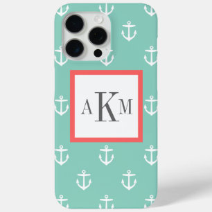 Aqua and Coral Nautical Anchor Custom Monogram iPhone 15 Pro Max Case